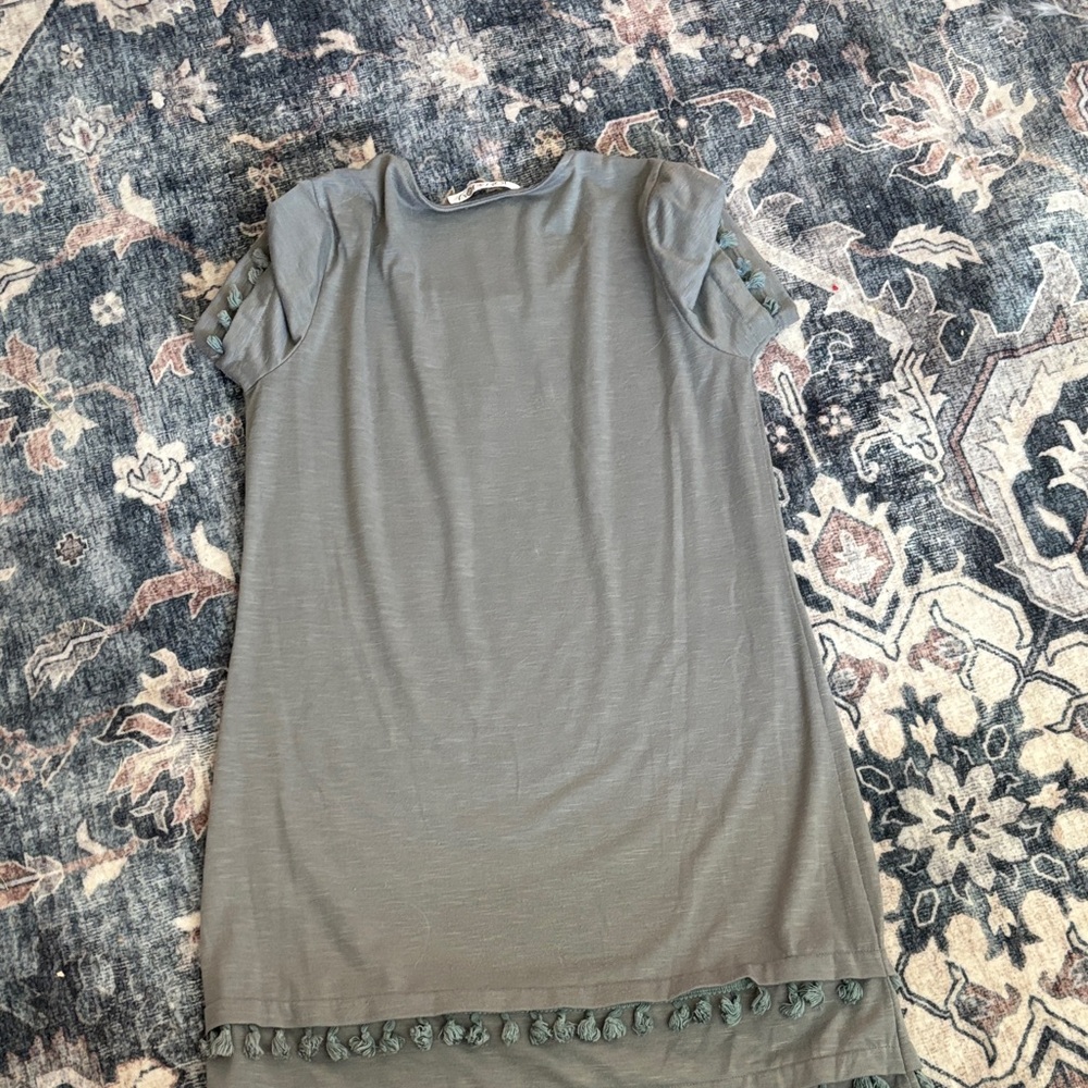 Waffle Weave Olive Green Tassel Hem Short Sleeve Dress - Picture 3 of 3